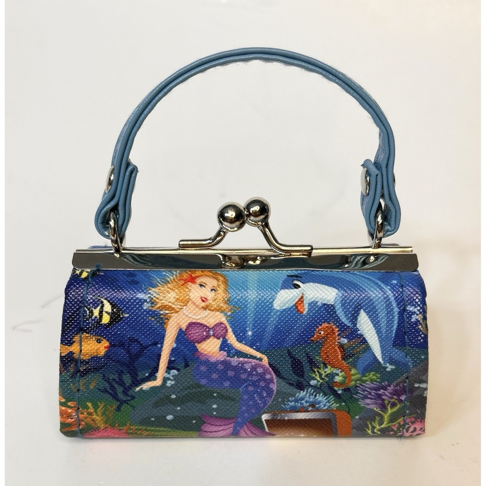 tic tok Mermaid Print Mini Satchel Blue Kiss Lock Top Handle Micro Bag